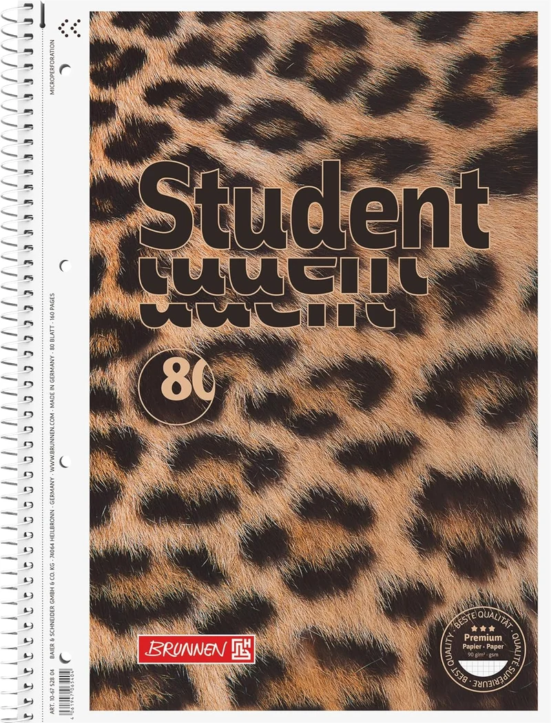 BRUNNEN Premium Collegeblock A4 - Kariert mit Spiralbindung & Leo look Cover