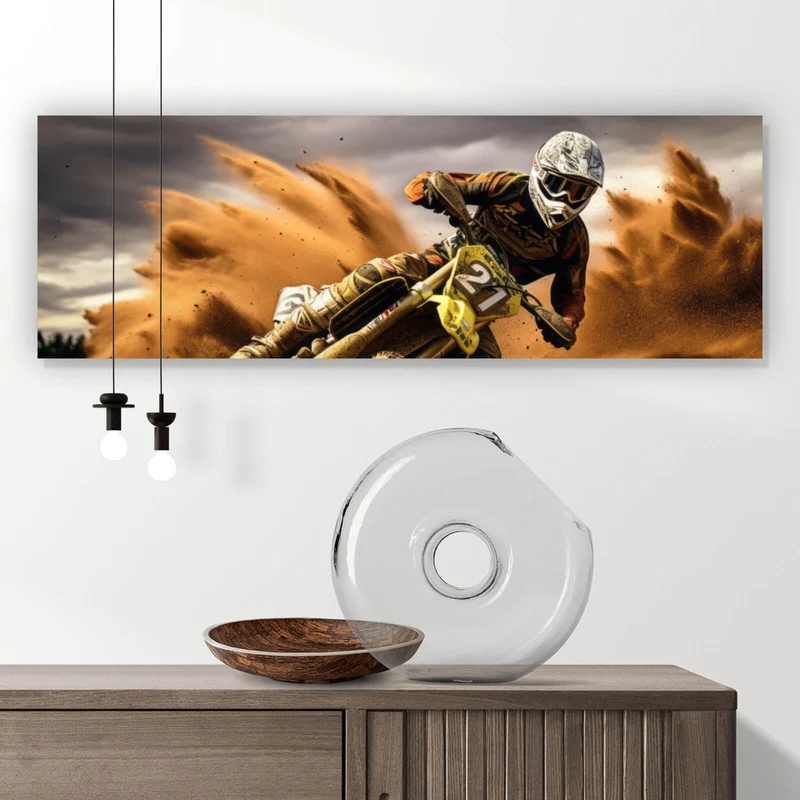 Spannrahmenbild Dynamisches Motocross in vollem Schwung Panorama