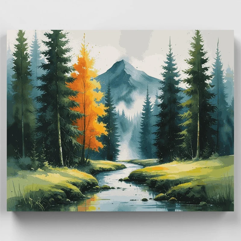 Misty Mountain Forest Stream - Paint by Numbers Kit