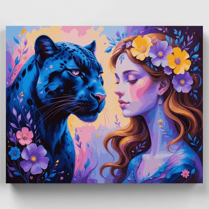 Blue Panther and Floral Goddess - Paint by Numbers Kit