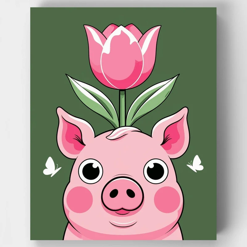 Cute Pink Pig with Tulip - Paint by Numbers Kit
