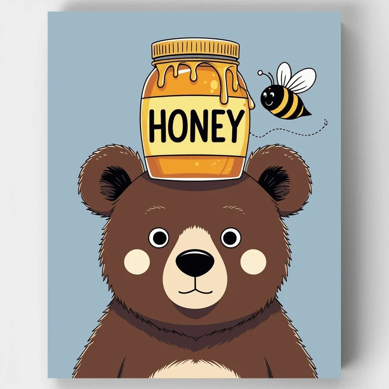 Cute Bear with Honey Jar and Bee - Paint by Numbers Kit