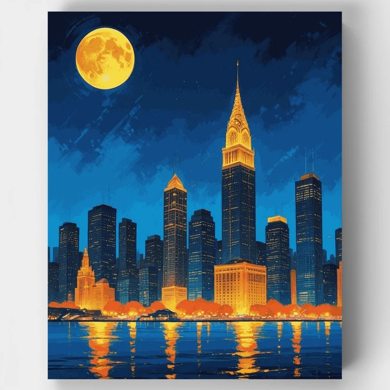 Manhattan Skyline Under the Full Moon - Paint by Numbers Kit