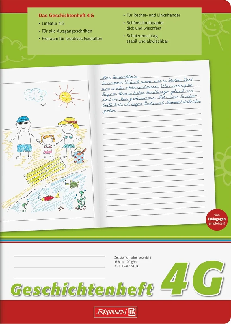 BRUNNEN Geschichtenheft A4 Lineatur 4G, 16 Blatt – Grundschule