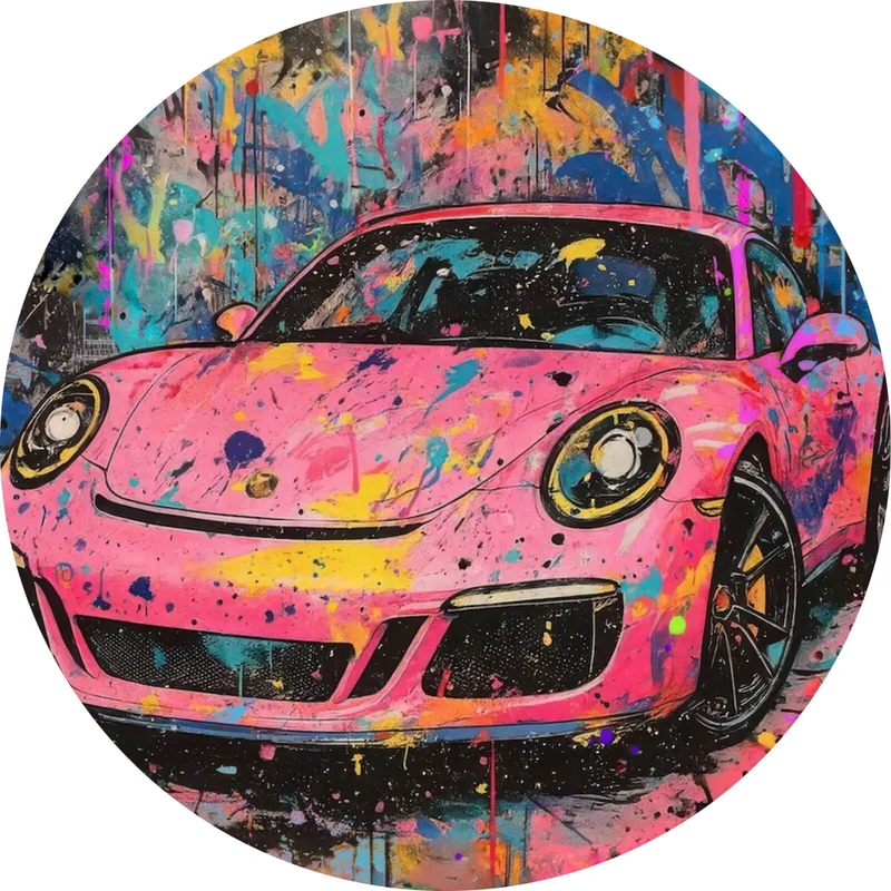 Aluminiumbild gebürstet Moderner Sportwagen Graffiti Kreis