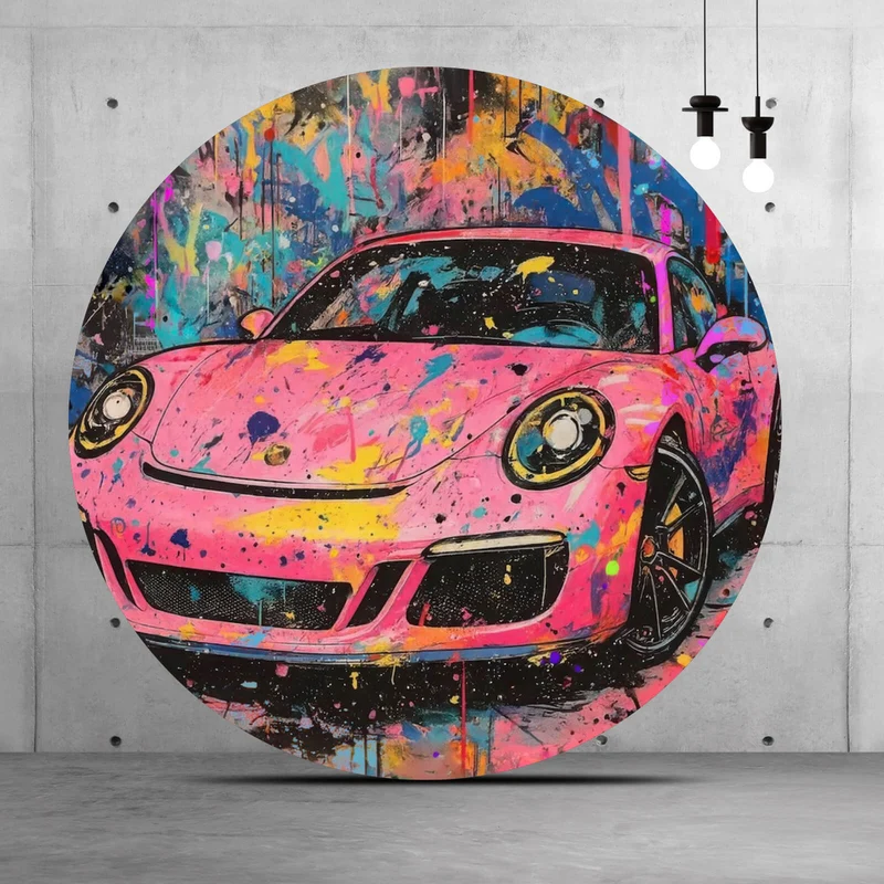 Aluminiumbild Moderner Sportwagen Graffiti Kreis