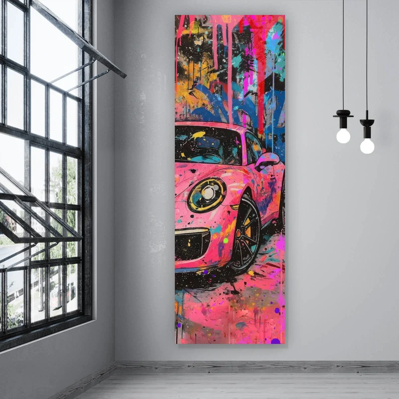 Aluminiumbild gebürstet Moderner Sportwagen Graffiti Panorama Hoch