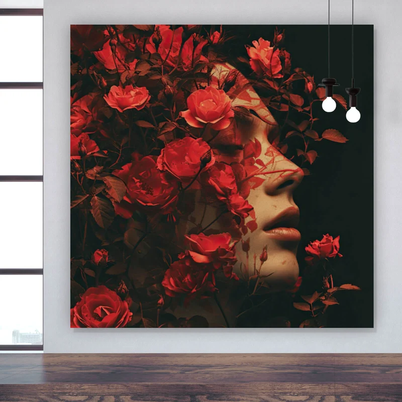 Poster Porträt einer Frau umgeben von Blumen Quadrat