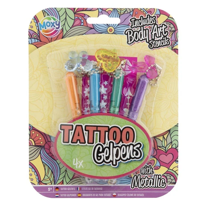 Metallic Tattoo Gel Pens, Set of 4 + Stencils