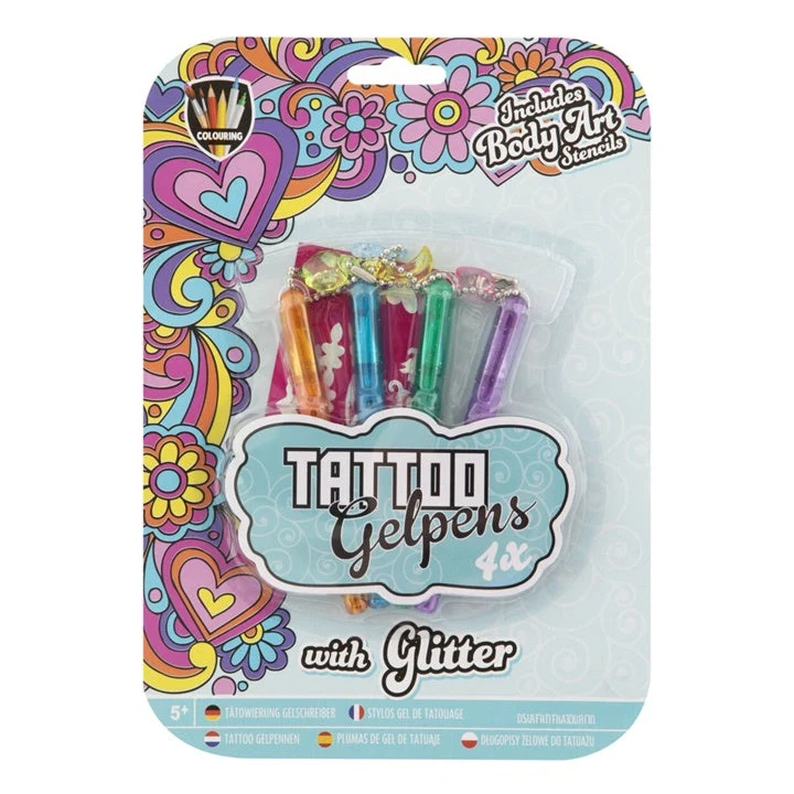 Metallic Tattoo Gel Pens, Set of 4 + Stencils