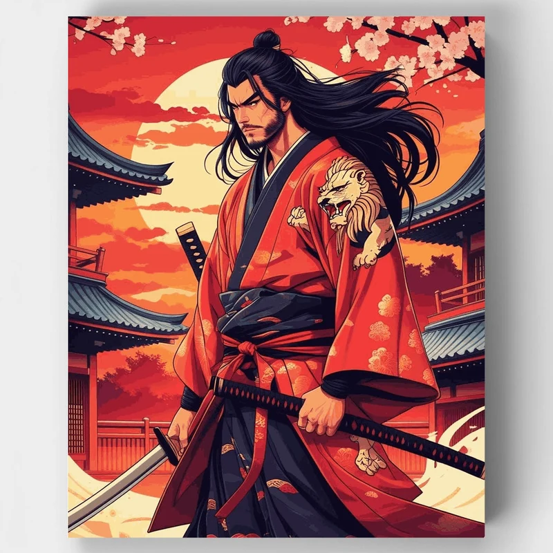 Red Samurai Warrior at Sunset - Paint by Numbers Kit