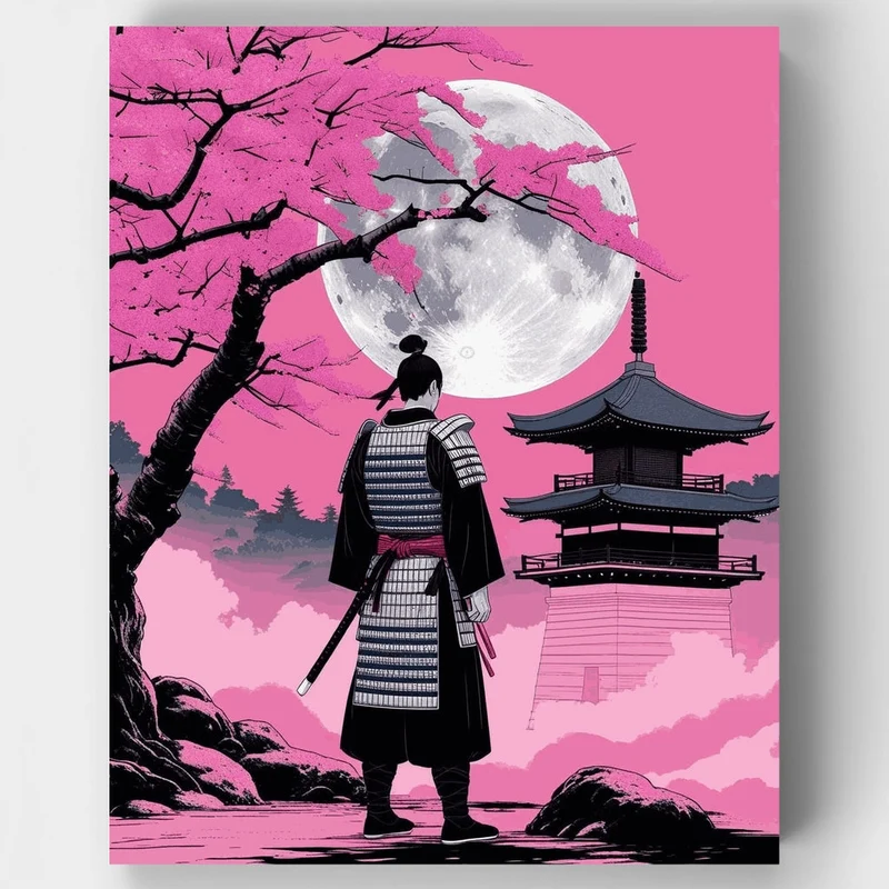 Samurai Under the Cherry Blossom Moon - Paint by Numbers Kit
