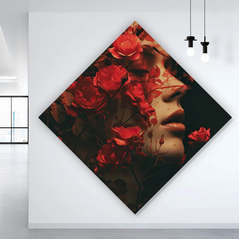 Acrylglasbild Porträt einer Frau umgeben von Blumen Raute