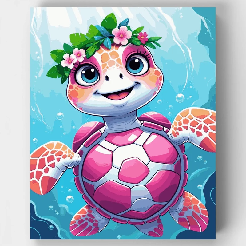 Cute Pink Sea Turtle with Flower Crown - Paint by Numbers Kit