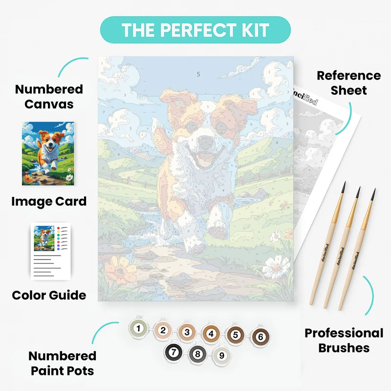 Joyful Puppy Running Through a Meadow Stream - Paint by Numbers Kit