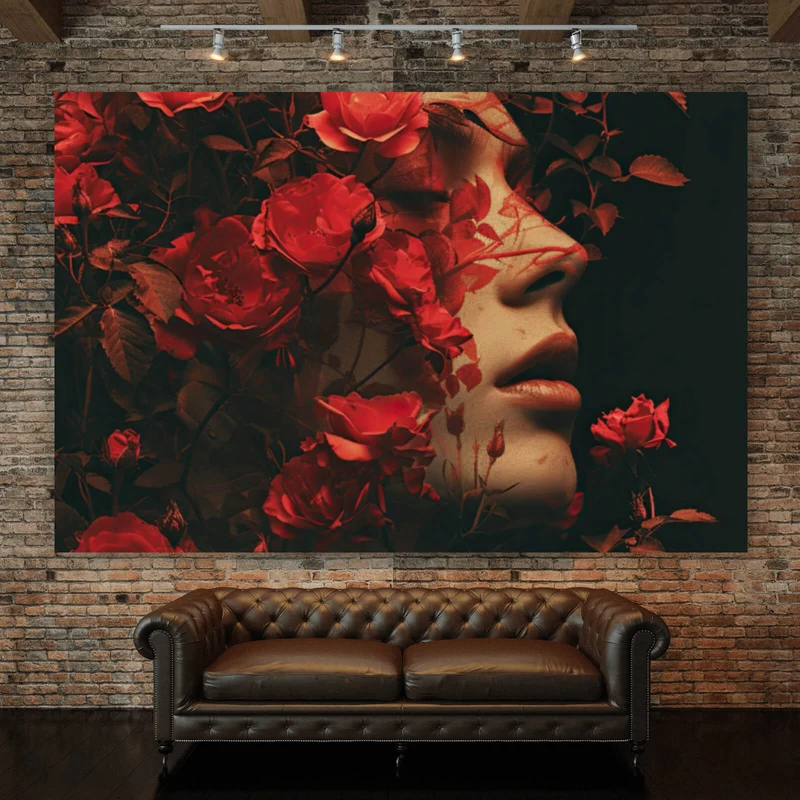 Leinwandbild Porträt einer Frau umgeben von Blumen Querformat