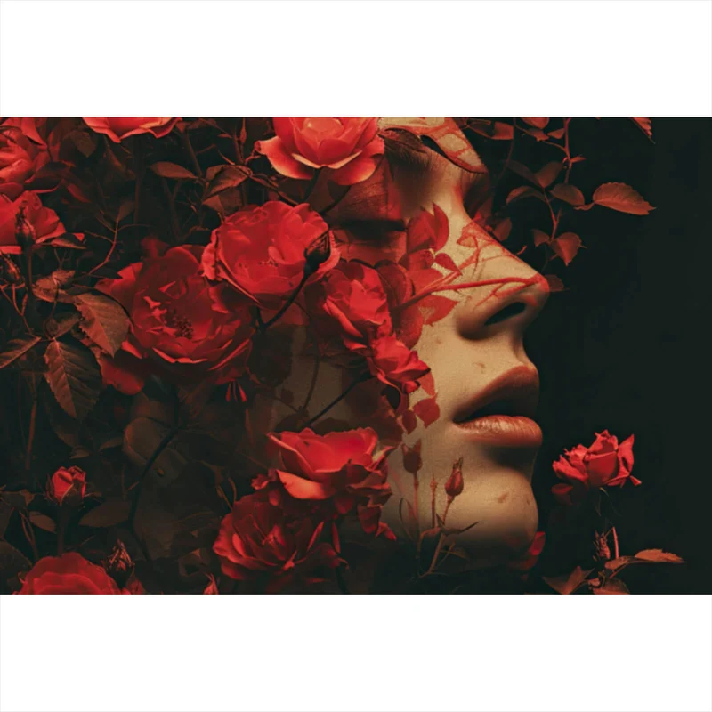Poster Porträt einer Frau umgeben von Blumen Querformat