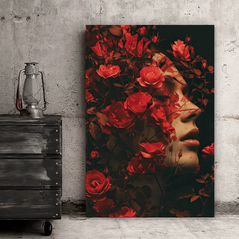 Leinwandbild Porträt einer Frau umgeben von Blumen Hochformat