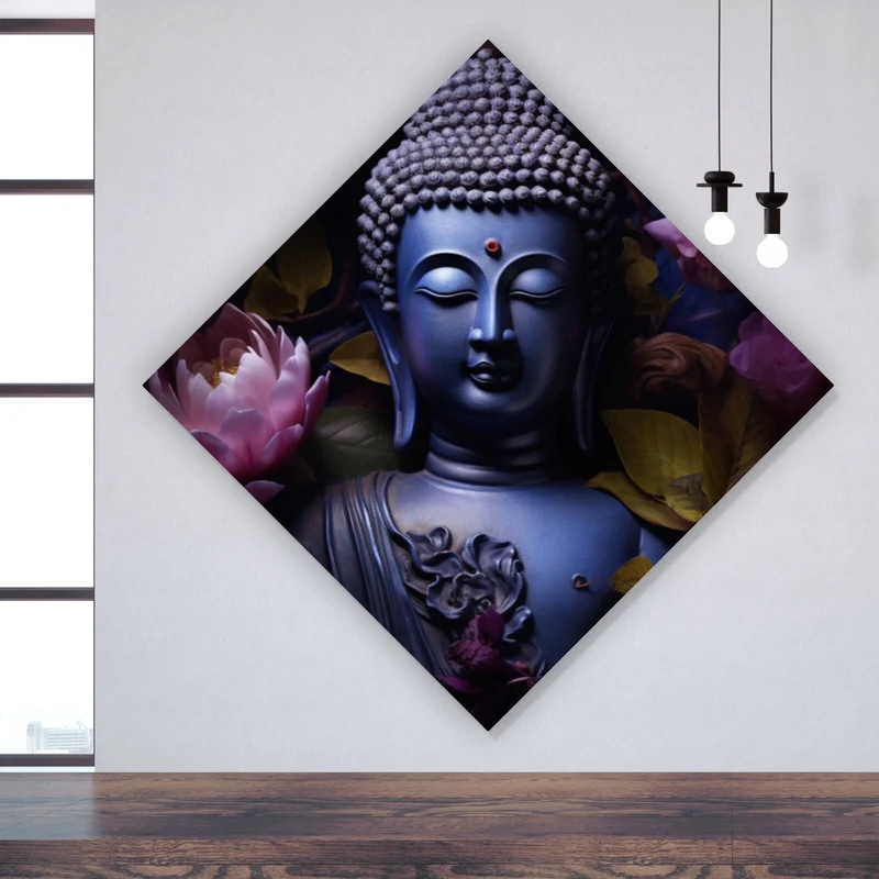 Aluminiumbild gebürstet Buddha umgeben von Blumenpracht Raute