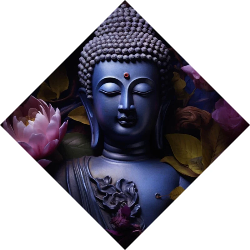 Aluminiumbild Buddha umgeben von Blumenpracht Raute