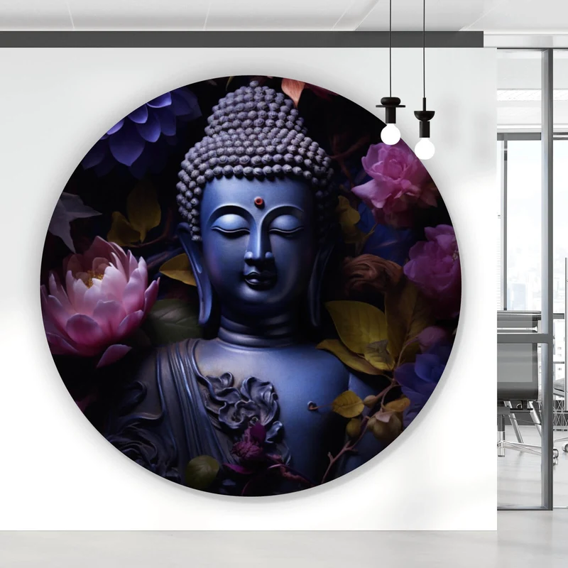Aluminiumbild gebürstet Buddha umgeben von Blumenpracht Kreis