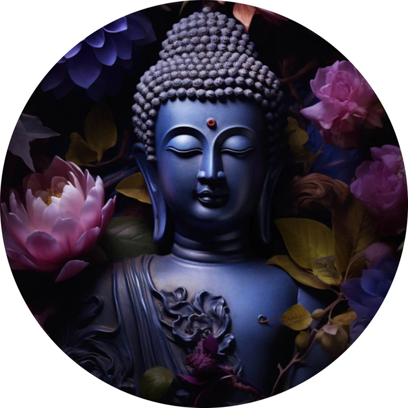 Aluminiumbild gebürstet Buddha umgeben von Blumenpracht Kreis