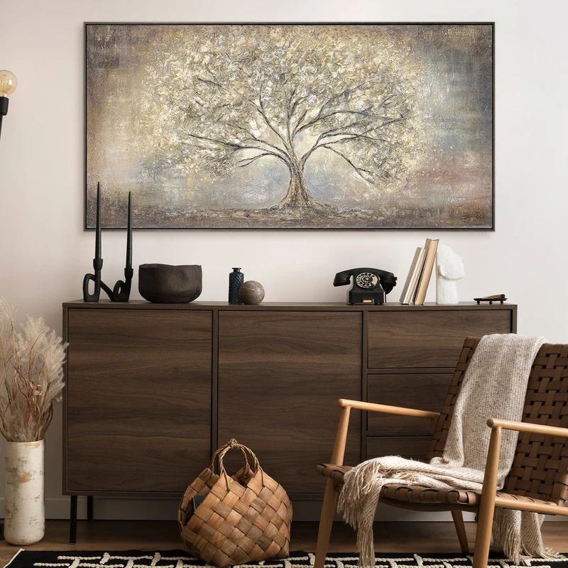 Gemalte Bilder Landschaft "Goldbaum" mit Rahmen moderne Bilder