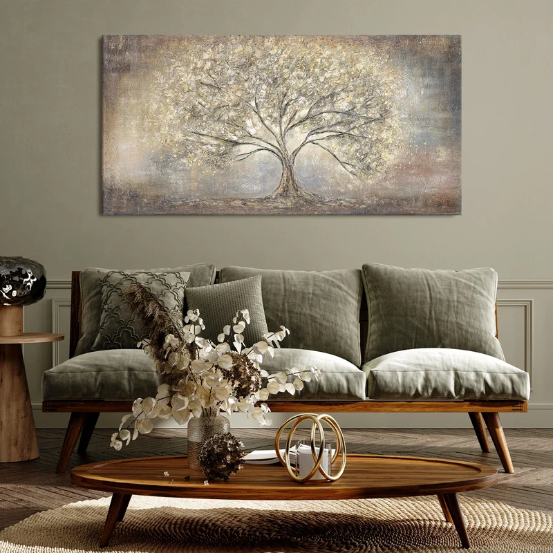 Gemalte Bilder Landschaft "Goldbaum" mit Rahmen moderne Bilder