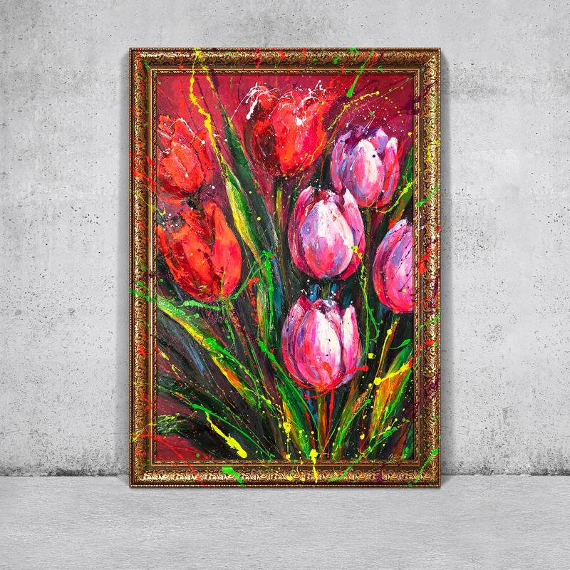 Blumen Gemälde mit Rahmen – Abstrakte Tulpen auf Leinwand "Noten des Frühlings"