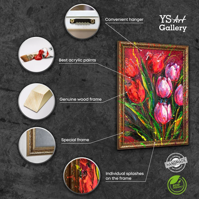 Blumen Gemälde mit Rahmen – Abstrakte Tulpen auf Leinwand "Noten des Frühlings"