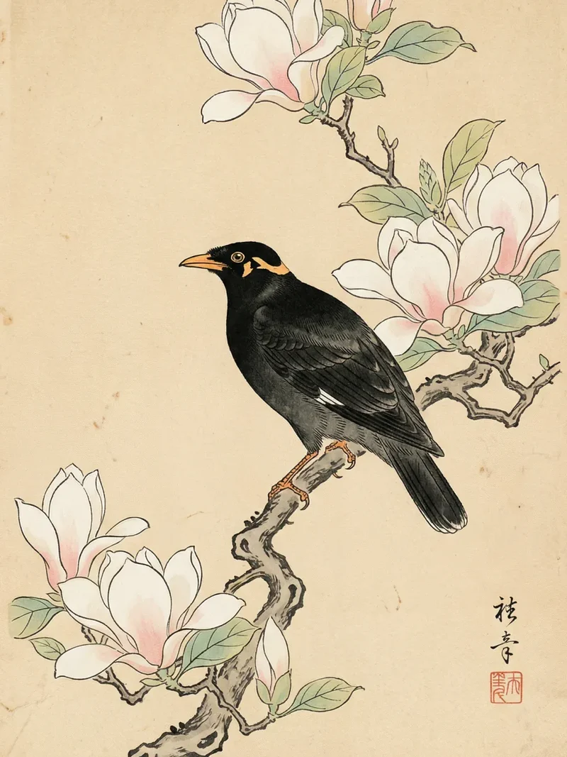 Malen nach Zahlen Amsel bei Magnolie Japan