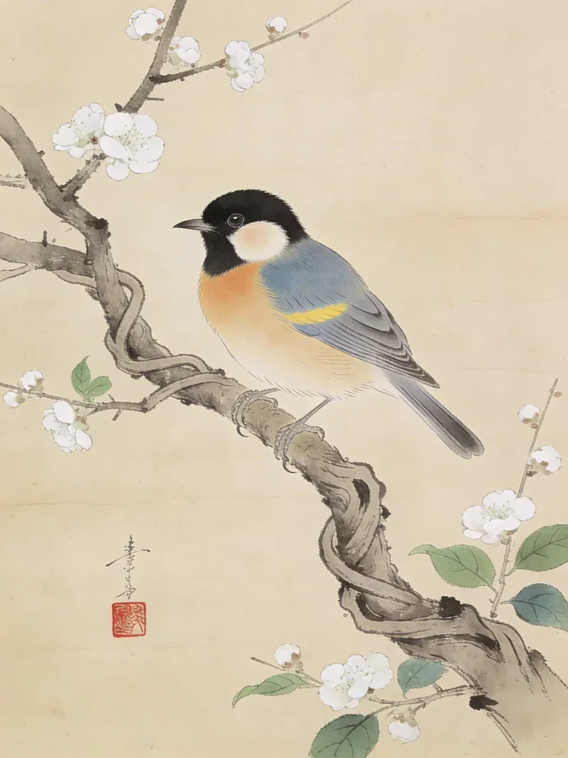 Malen nach Zahlen Kohlmeisen auf einem blühenden Zweig von Ohara Koson Japan