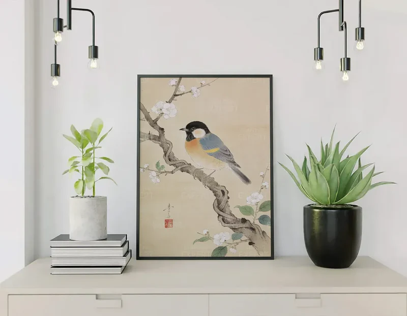 Malen nach Zahlen Kohlmeisen auf einem blühenden Zweig von Ohara Koson Japan