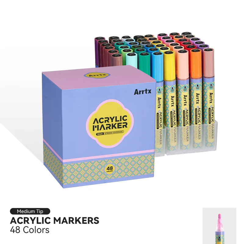 Arrtx 48 Colors Acrylic Paint Markers 3mm Medium Tip Valve Design