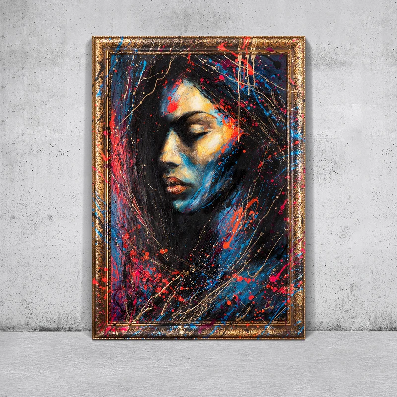Wanddeko für Wohnzimmer mit Rahmen – Acrylgemälde "Gold in der Dunkelheit" in leuchtenden Farben