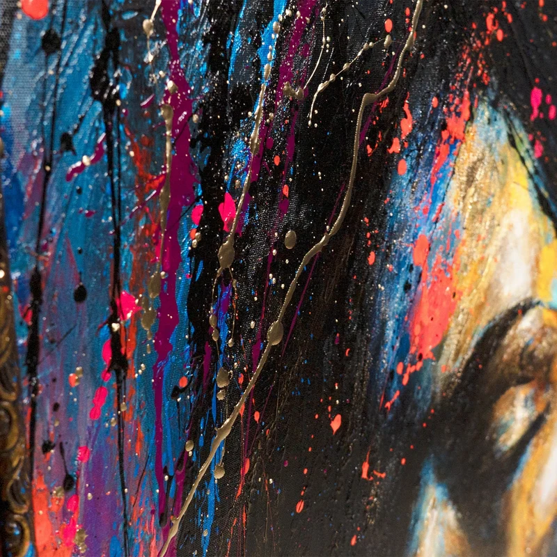 Wanddeko für Wohnzimmer mit Rahmen – Acrylgemälde "Gold in der Dunkelheit" in leuchtenden Farben