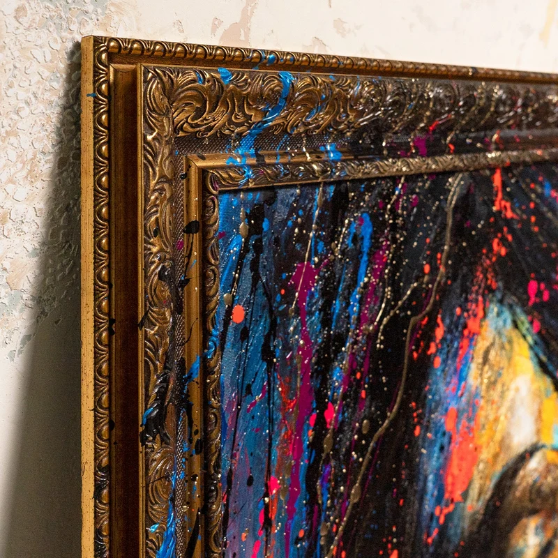 Wanddeko für Wohnzimmer mit Rahmen – Acrylgemälde "Gold in der Dunkelheit" in leuchtenden Farben