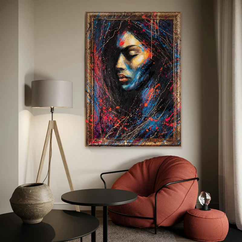 Wanddeko für Wohnzimmer mit Rahmen – Acrylgemälde "Gold in der Dunkelheit" in leuchtenden Farben