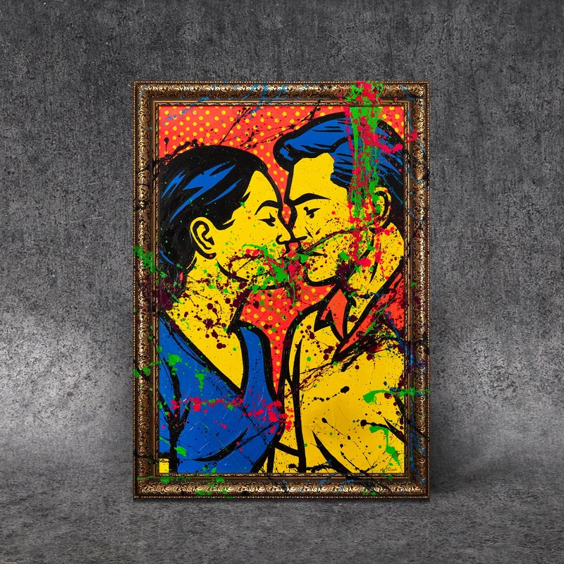 Handgemaltes Acrylbild "Farbiger Kuss" – Moderne Pop-Art