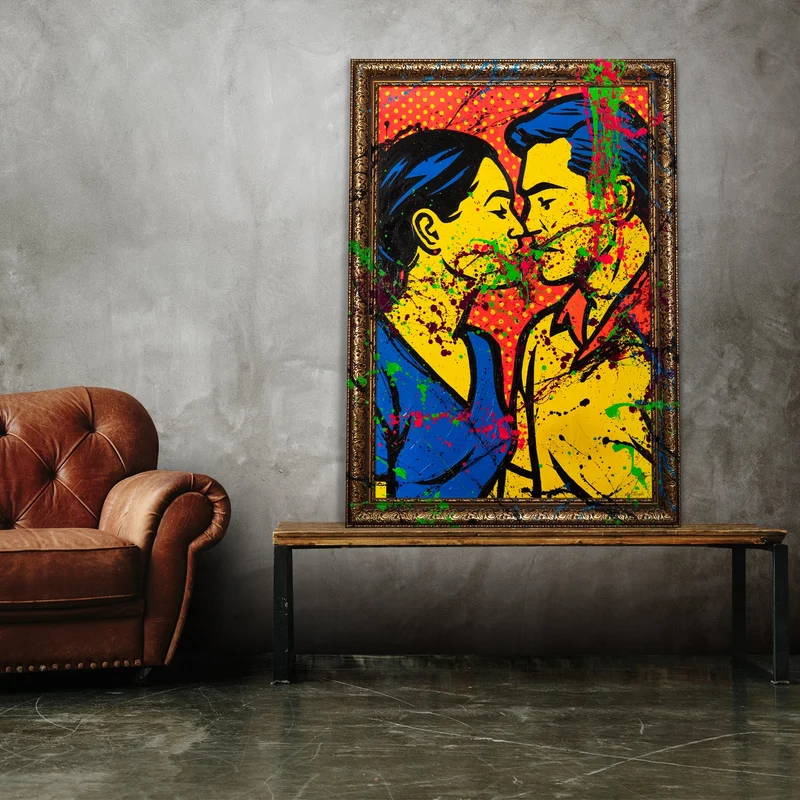 Handgemaltes Acrylbild "Farbiger Kuss" – Moderne Pop-Art
