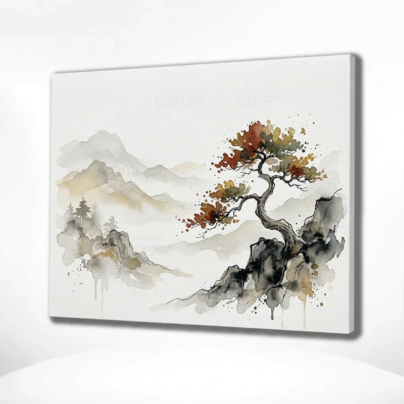 Malen nach Zahlen Einsamer Baum in einer Berglandschaft Japan