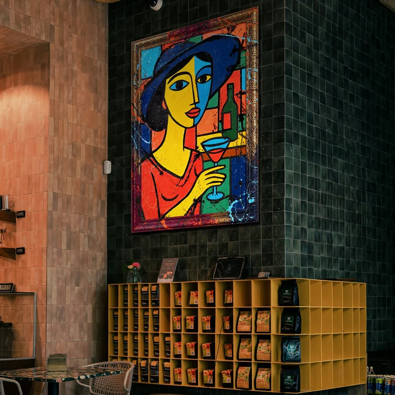 Handgemaltes Acrylbild "Dame in der Bar" – Moderne Wandkunst