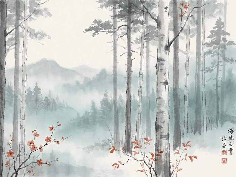 Malen nach Zahlen Birkenwald im Nebel mit roten Akzenten Japan
