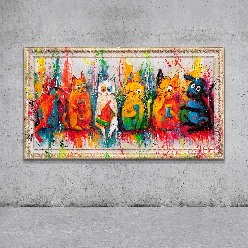 Handgemaltes Acrylbild "Katzen Farbe Spaß" – Moderne Pop-Art