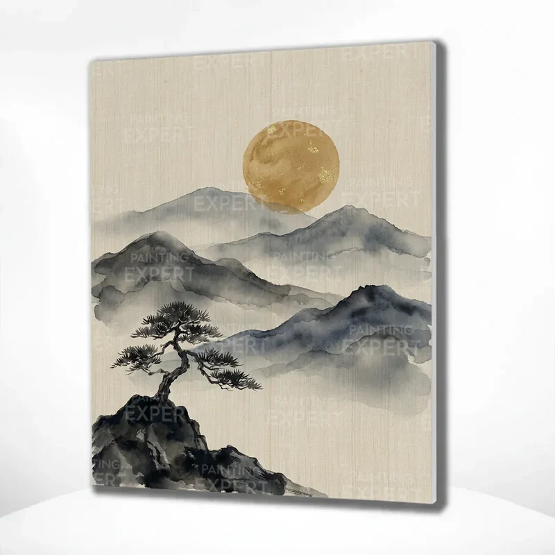 Malen nach Zahlen Berge in Tinte mit goldenem Mond Japan