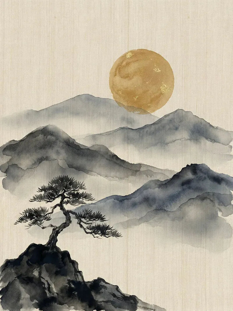 Malen nach Zahlen Berge in Tinte mit goldenem Mond Japan