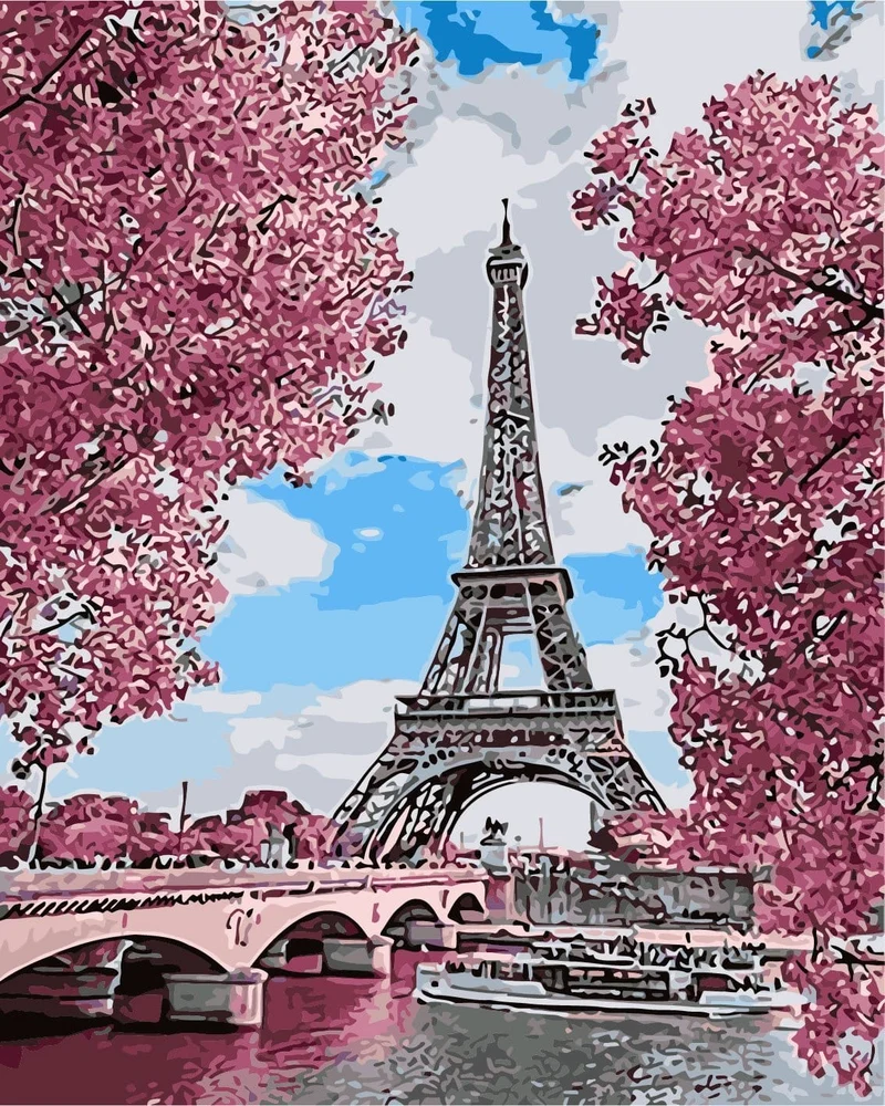Malen nach Zahlen Paris mit rosa Bäumen