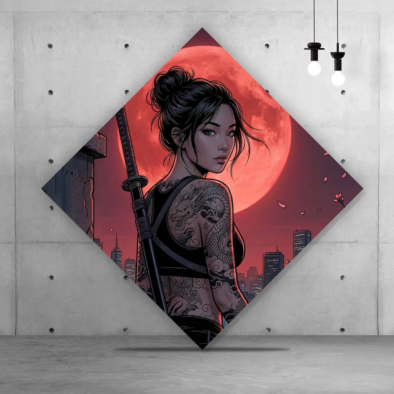 Leinwandbild Samurai Frau bei Vollmond Raute