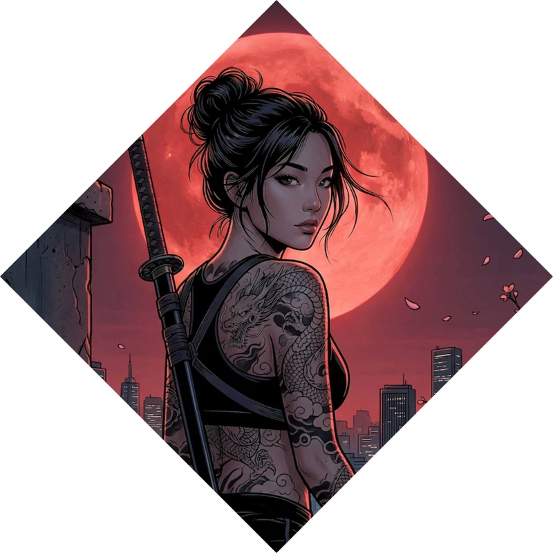Leinwandbild Samurai Frau bei Vollmond Raute
