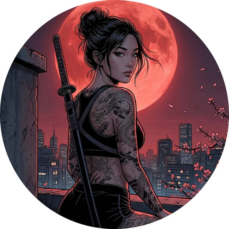 Aluminiumbild gebürstet Samurai Frau bei Vollmond Kreis